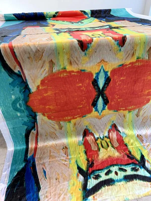 Abstract Ethnic Super Long Paneled Printed Polyester Charmeuse - Multicolor