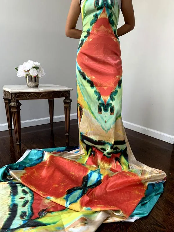 Abstract Ethnic Super Long Paneled Printed Polyester Charmeuse - Multicolor