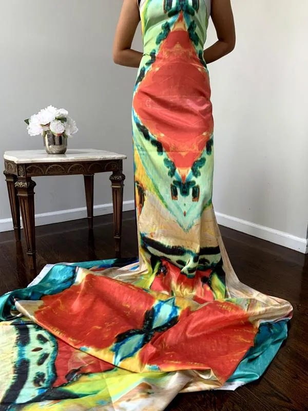 Abstract Ethnic Super Long Paneled Printed Polyester Charmeuse - Multicolor