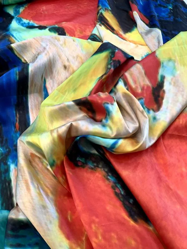 Abstract Ethnic Super Long Paneled Printed Polyester Charmeuse - Multicolor
