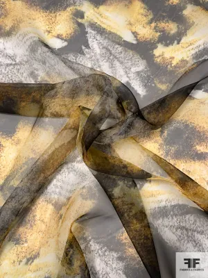 Abstract Muted Splatter Printed Polyester Organza - Yellow / Grey / Black