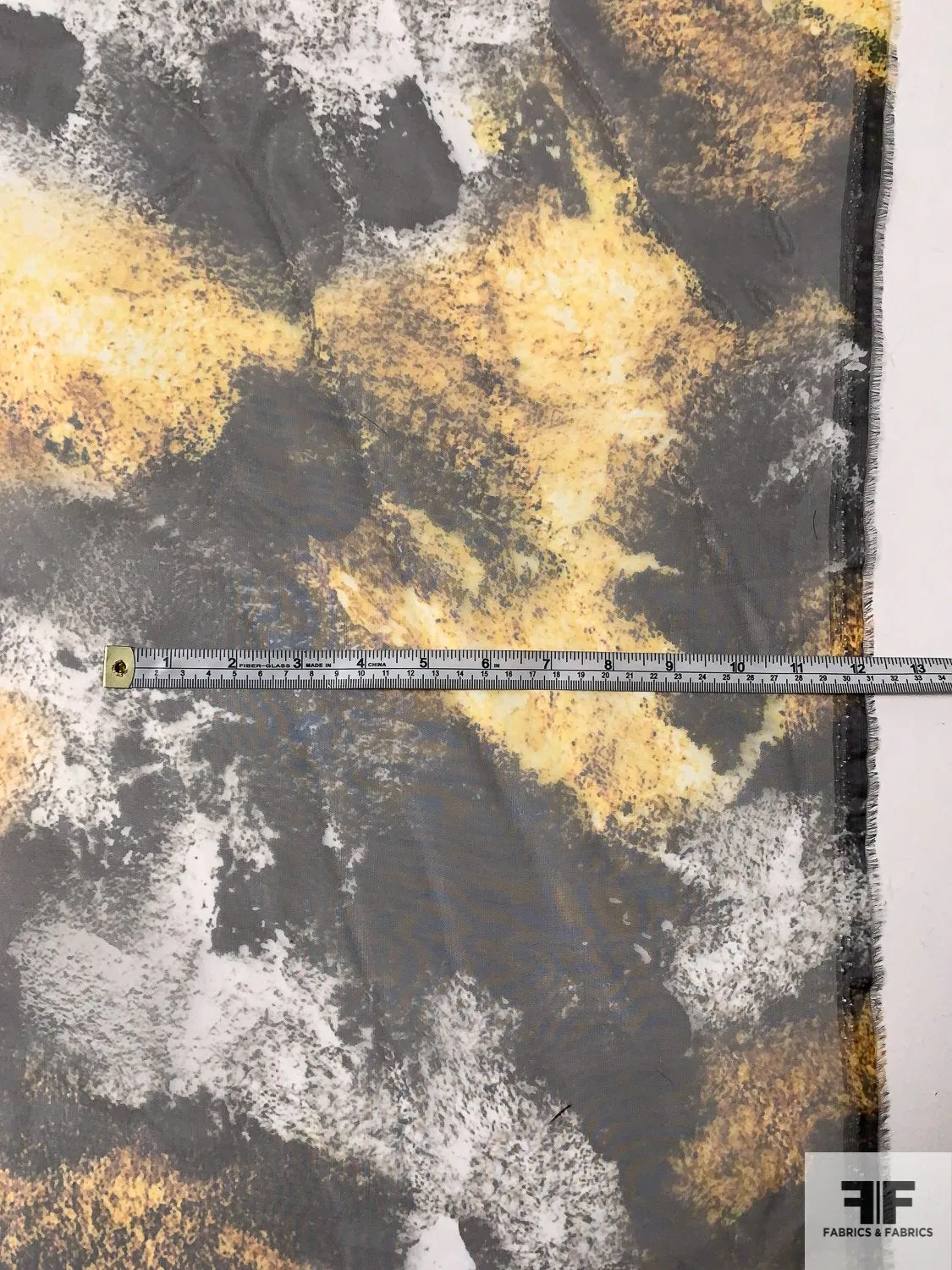Abstract Muted Splatter Printed Polyester Organza - Yellow / Grey / Black
