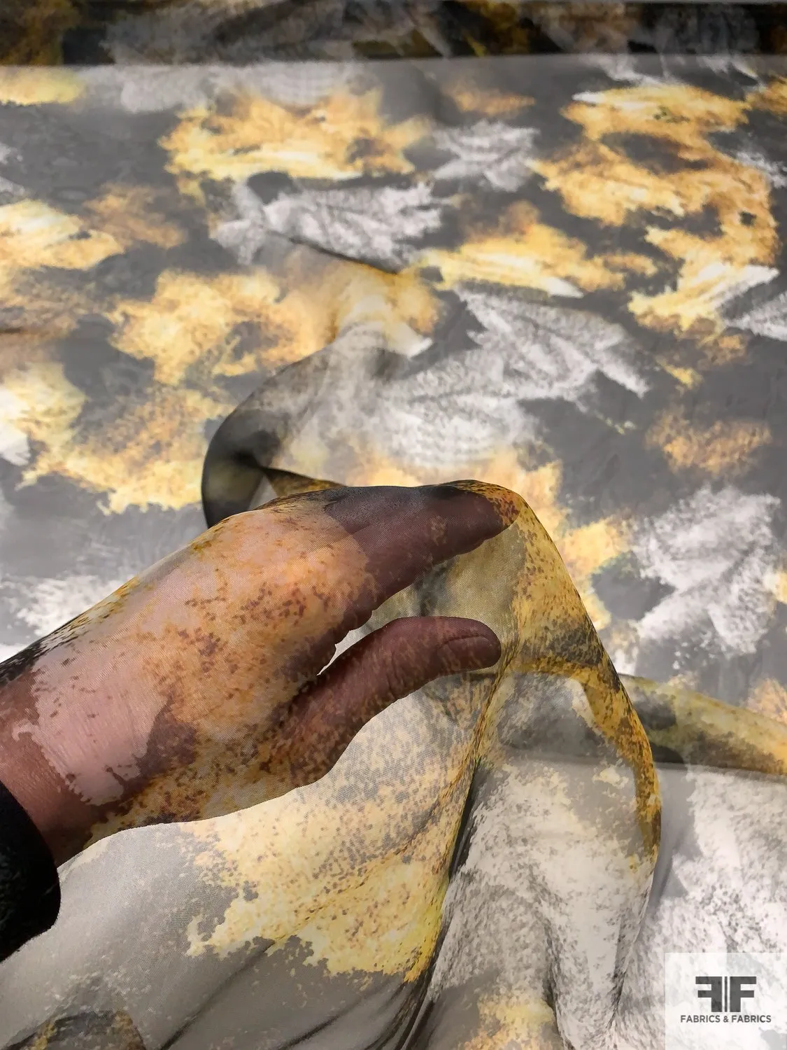 Abstract Muted Splatter Printed Polyester Organza - Yellow / Grey / Black