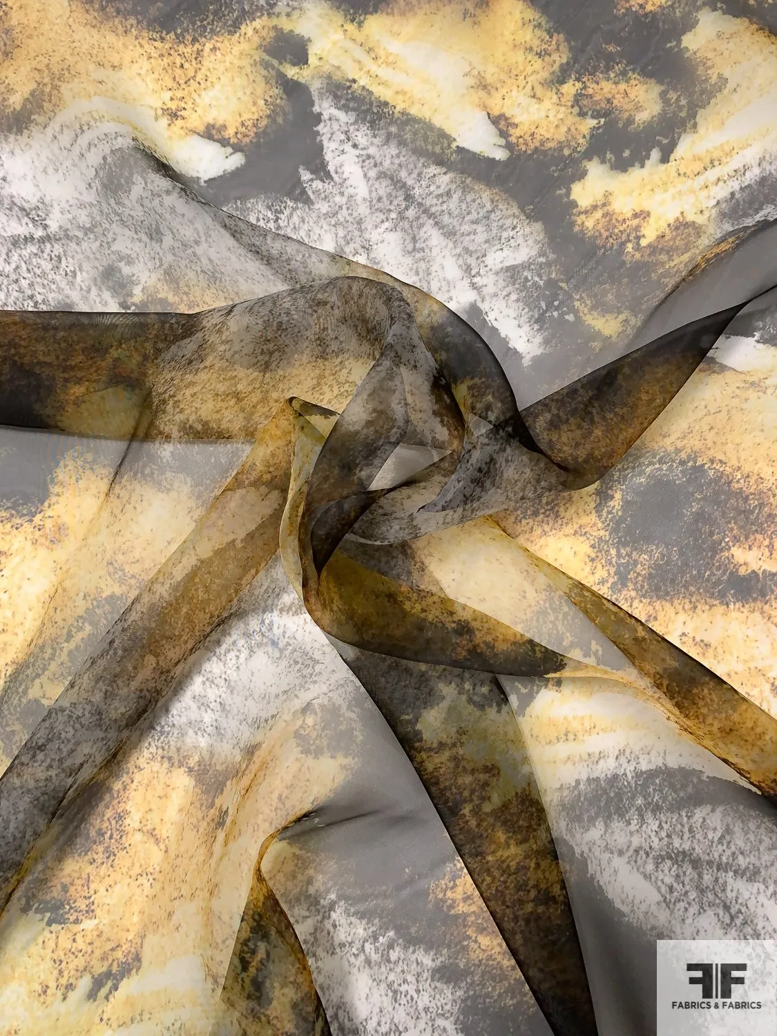 Abstract Muted Splatter Printed Polyester Organza - Yellow / Grey / Black
