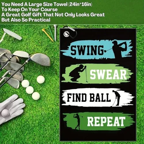 Aikiprety Funny Golf Towel, Funny Golf Towel for Golf Bags with Clip, Golf Gift for Men Husband Boyfriend Dad, Birthday, Cristmas Gifts for Golf Fan - Swing Swear Repeat