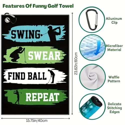 Aikiprety Funny Golf Towel, Funny Golf Towel for Golf Bags with Clip, Golf Gift for Men Husband Boyfriend Dad, Birthday, Cristmas Gifts for Golf Fan - Swing Swear Repeat