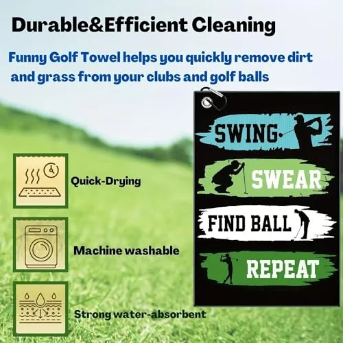 Aikiprety Funny Golf Towel, Funny Golf Towel for Golf Bags with Clip, Golf Gift for Men Husband Boyfriend Dad, Birthday, Cristmas Gifts for Golf Fan - Swing Swear Repeat