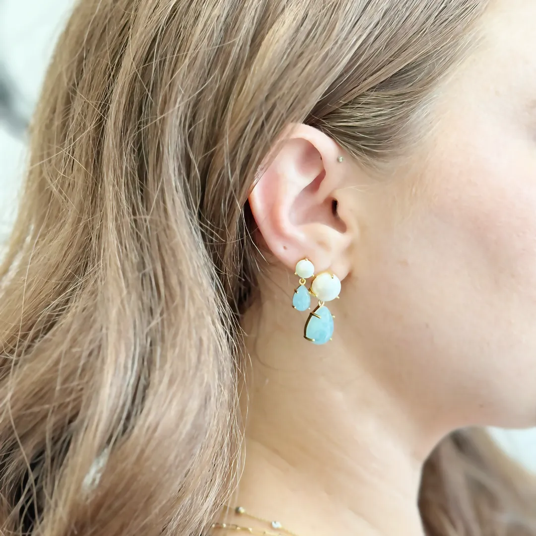 Amare Wear Petite Freshwater Pearl and Aquamarine Dangle Earrings