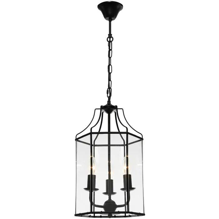 Arcadia 3 Light Lantern Pendant Black with Clear Glass