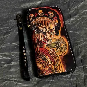 Badass Handmade Black Leather Men's Biker Long Wallet Mahākāla Tooled Zipper Long Chain Wallets For Men