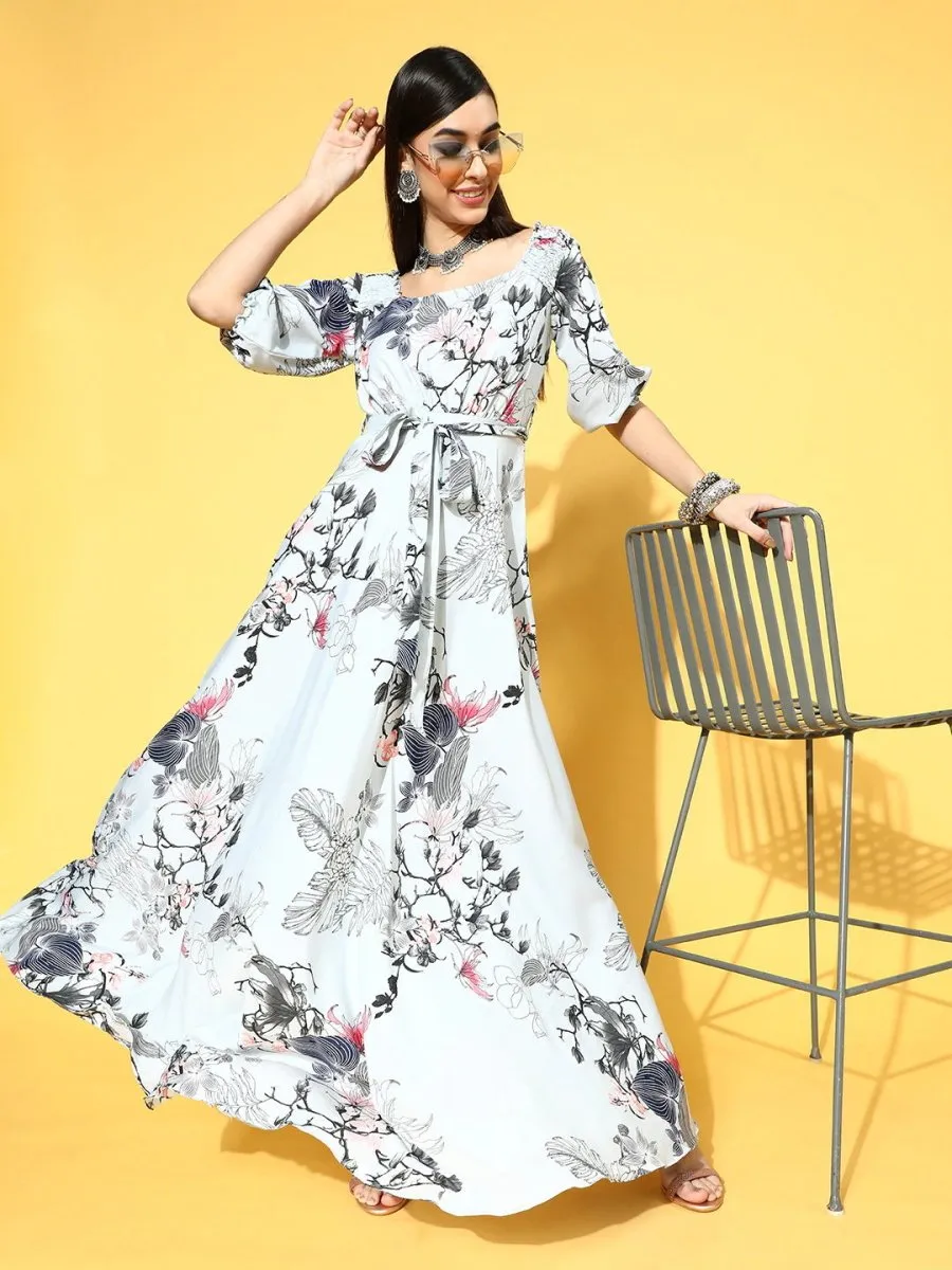 Blue Polyester Partywear Floral Dresses
