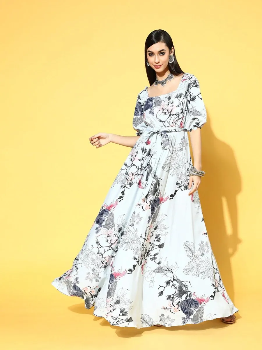 Blue Polyester Partywear Floral Dresses