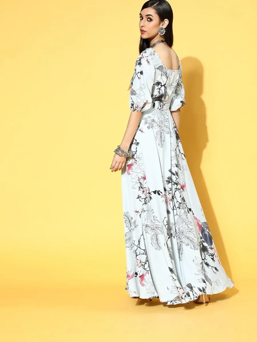 Blue Polyester Partywear Floral Dresses