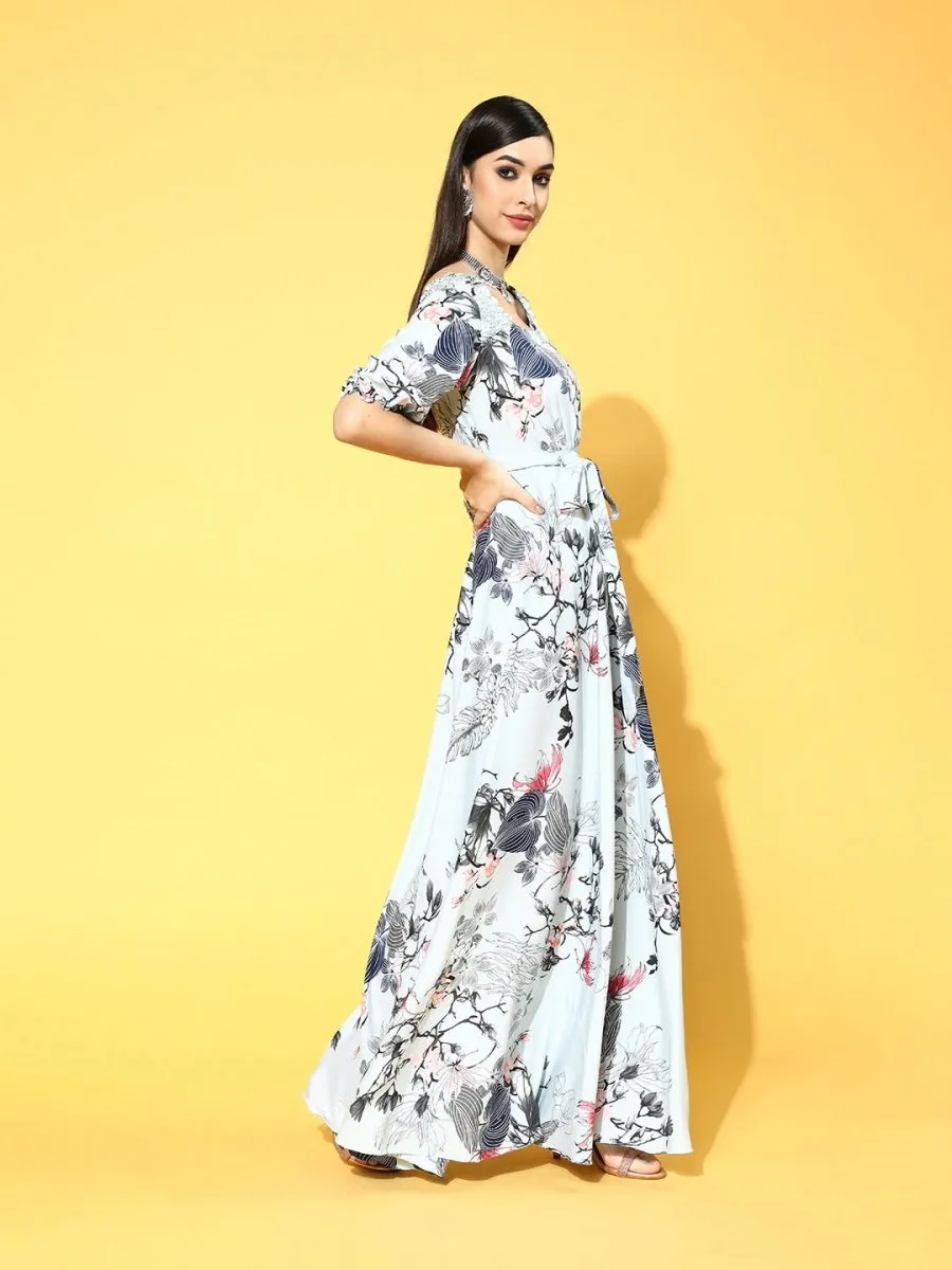 Blue Polyester Partywear Floral Dresses