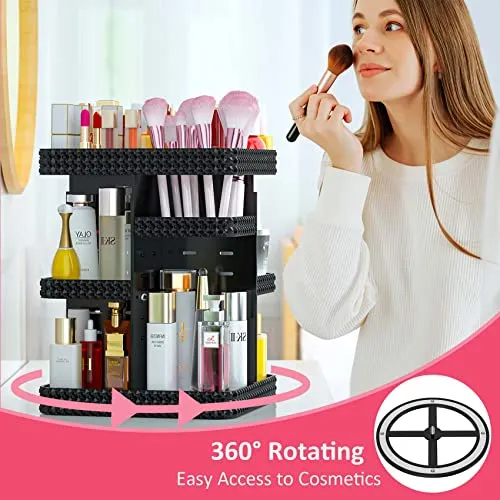 BOCONY Vanity Organizer,360 Rotating Acrylic Skin Care Organizer, Large Capacity, Organization and Storage for Countertop with Makeup Brush Holder - Black