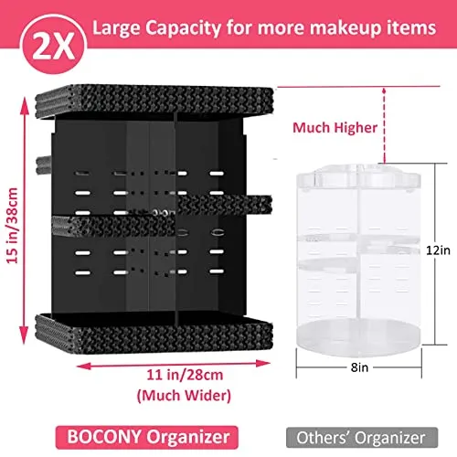 BOCONY Vanity Organizer,360 Rotating Acrylic Skin Care Organizer, Large Capacity, Organization and Storage for Countertop with Makeup Brush Holder - Black