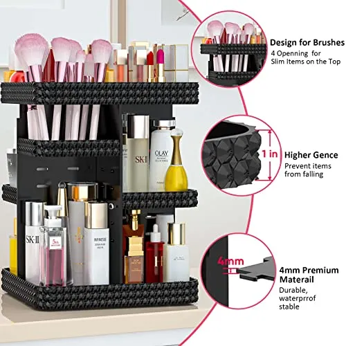 BOCONY Vanity Organizer,360 Rotating Acrylic Skin Care Organizer, Large Capacity, Organization and Storage for Countertop with Makeup Brush Holder - Black