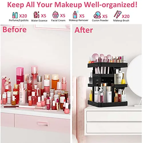 BOCONY Vanity Organizer,360 Rotating Acrylic Skin Care Organizer, Large Capacity, Organization and Storage for Countertop with Makeup Brush Holder - Black
