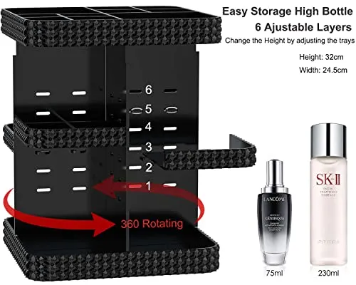BOCONY Vanity Organizer,360 Rotating Acrylic Skin Care Organizer, Large Capacity, Organization and Storage for Countertop with Makeup Brush Holder - Black
