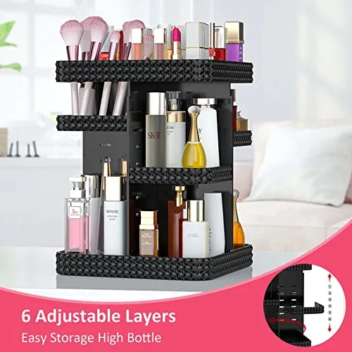 BOCONY Vanity Organizer,360 Rotating Acrylic Skin Care Organizer, Large Capacity, Organization and Storage for Countertop with Makeup Brush Holder - Black