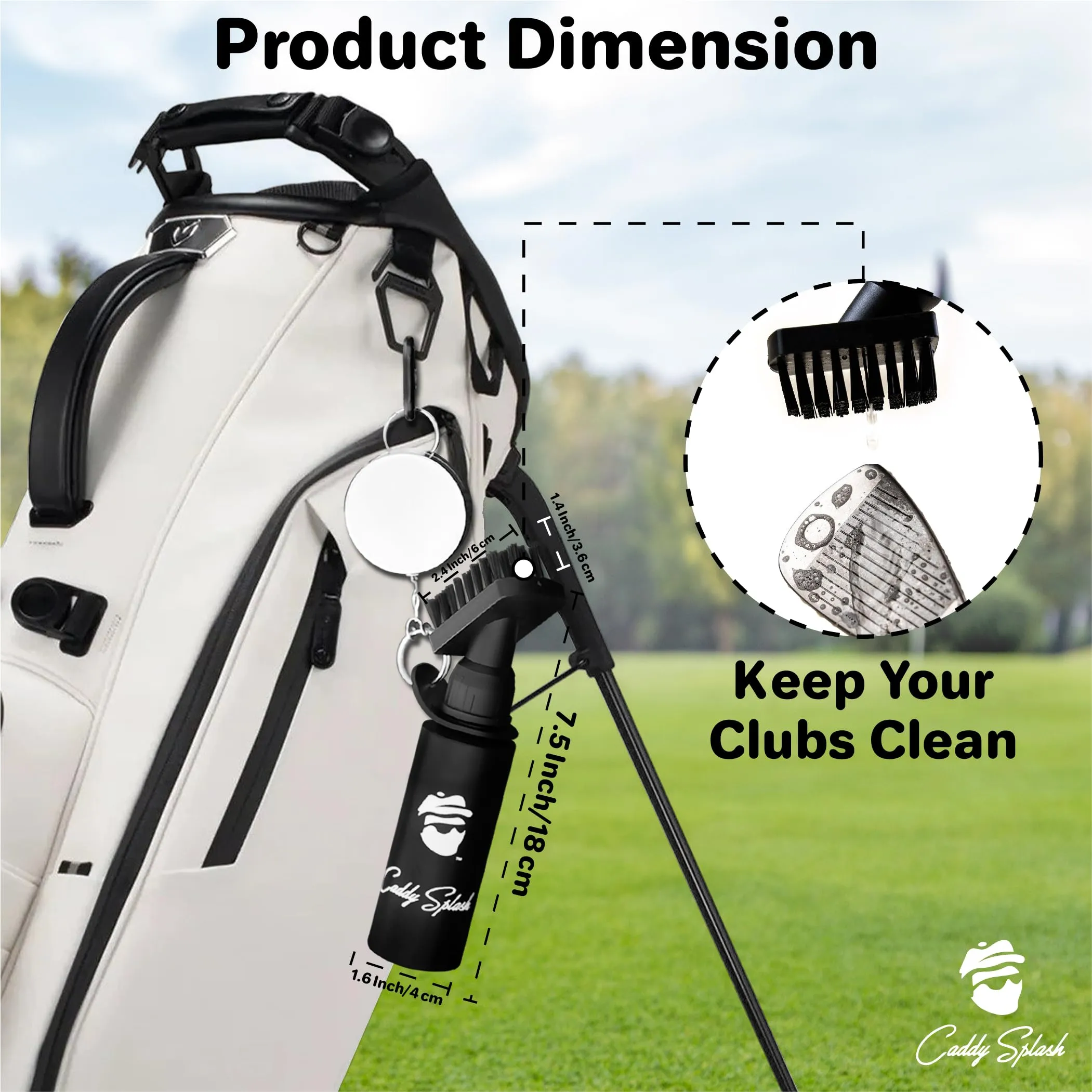 Caddy Splash Golf Water Brush - Retractable Brush with Nylon-Bristles Head - Wide Cleaning Coverage - Anti-Leak Reservoir Tube - Squeeze Bottle for Easy Cleaning - 7.5 Inches, Holds 4 Ounces of Water