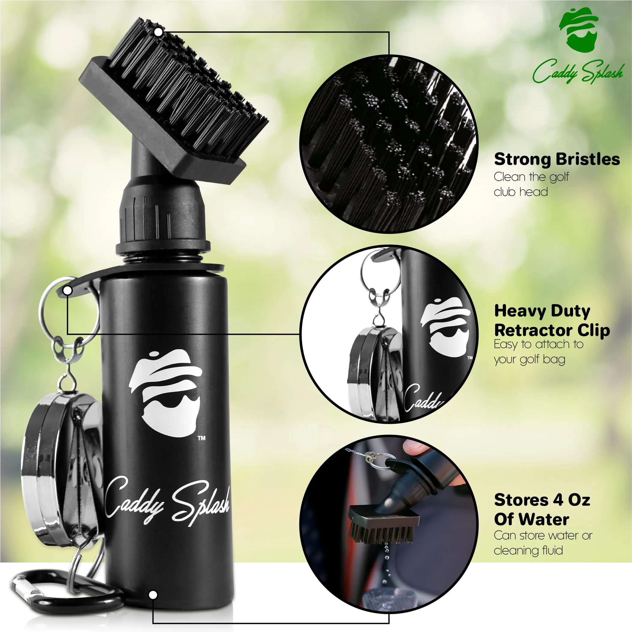 Caddy Splash Golf Water Brush - Retractable Brush with Nylon-Bristles Head - Wide Cleaning Coverage - Anti-Leak Reservoir Tube - Squeeze Bottle for Easy Cleaning - 7.5 Inches, Holds 4 Ounces of Water