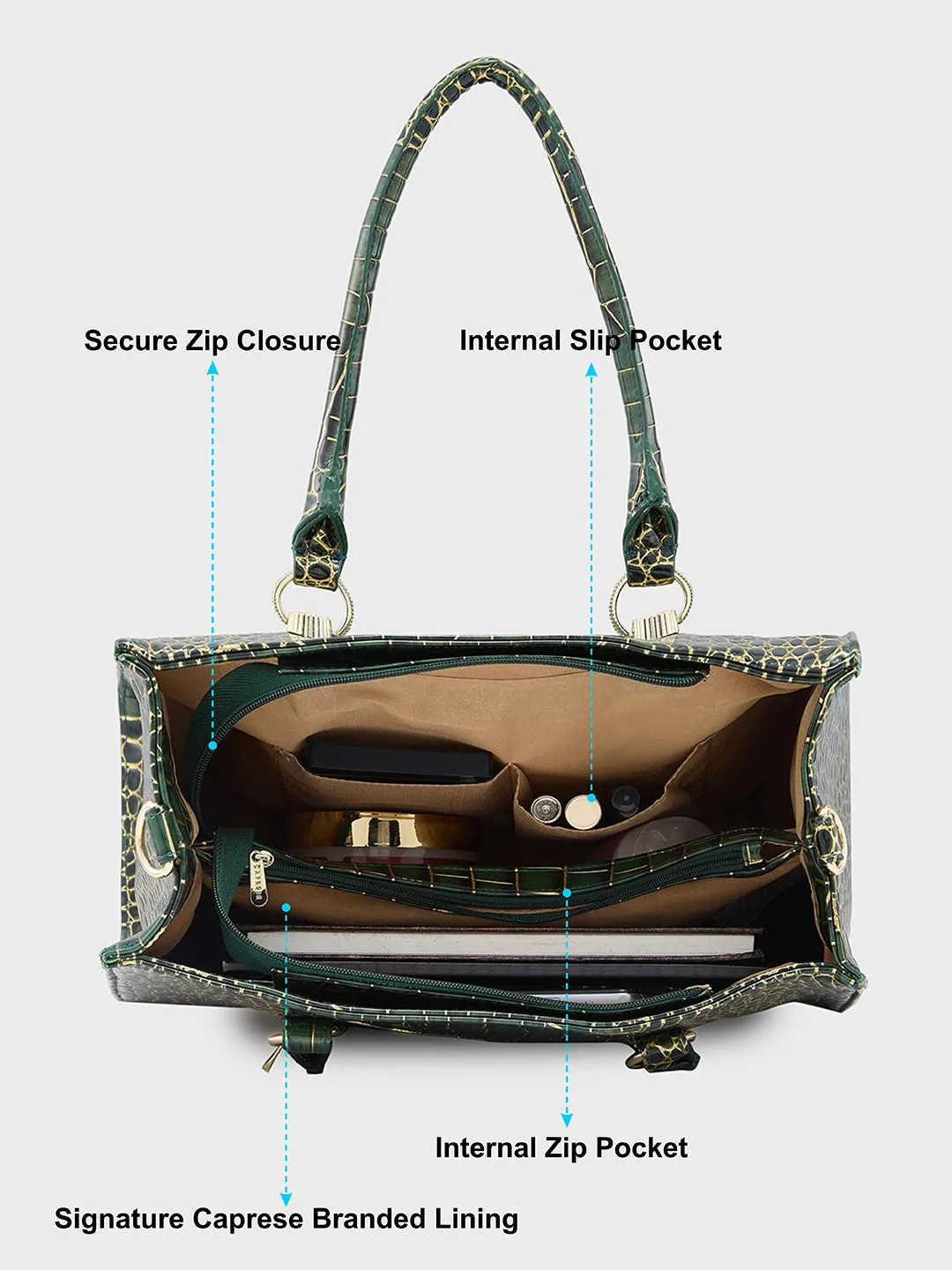 Caprese Miranda Tote Medium Croco Womens Office Handbag Green