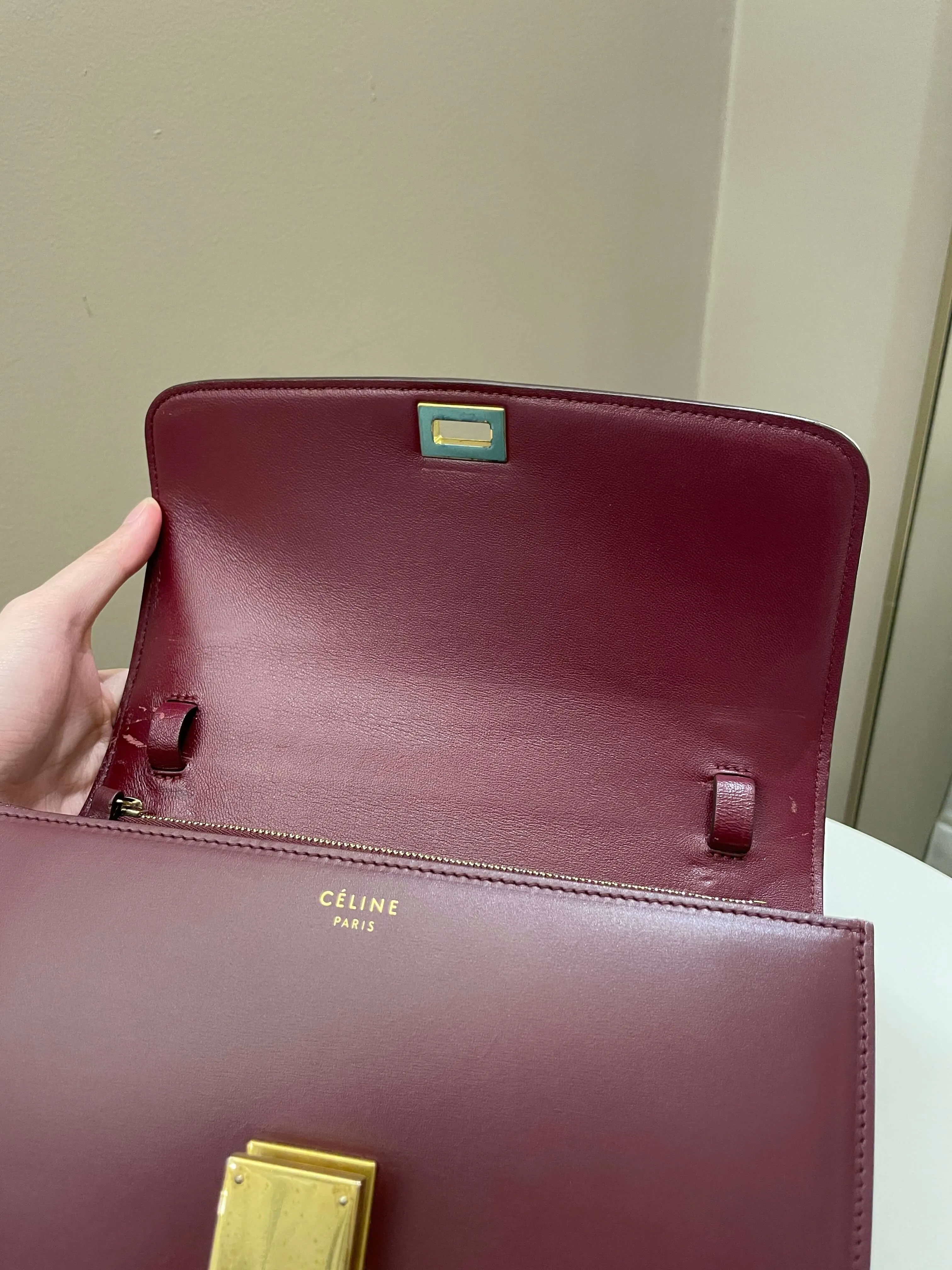 Celine Box Bag Burgundy Calfskin
