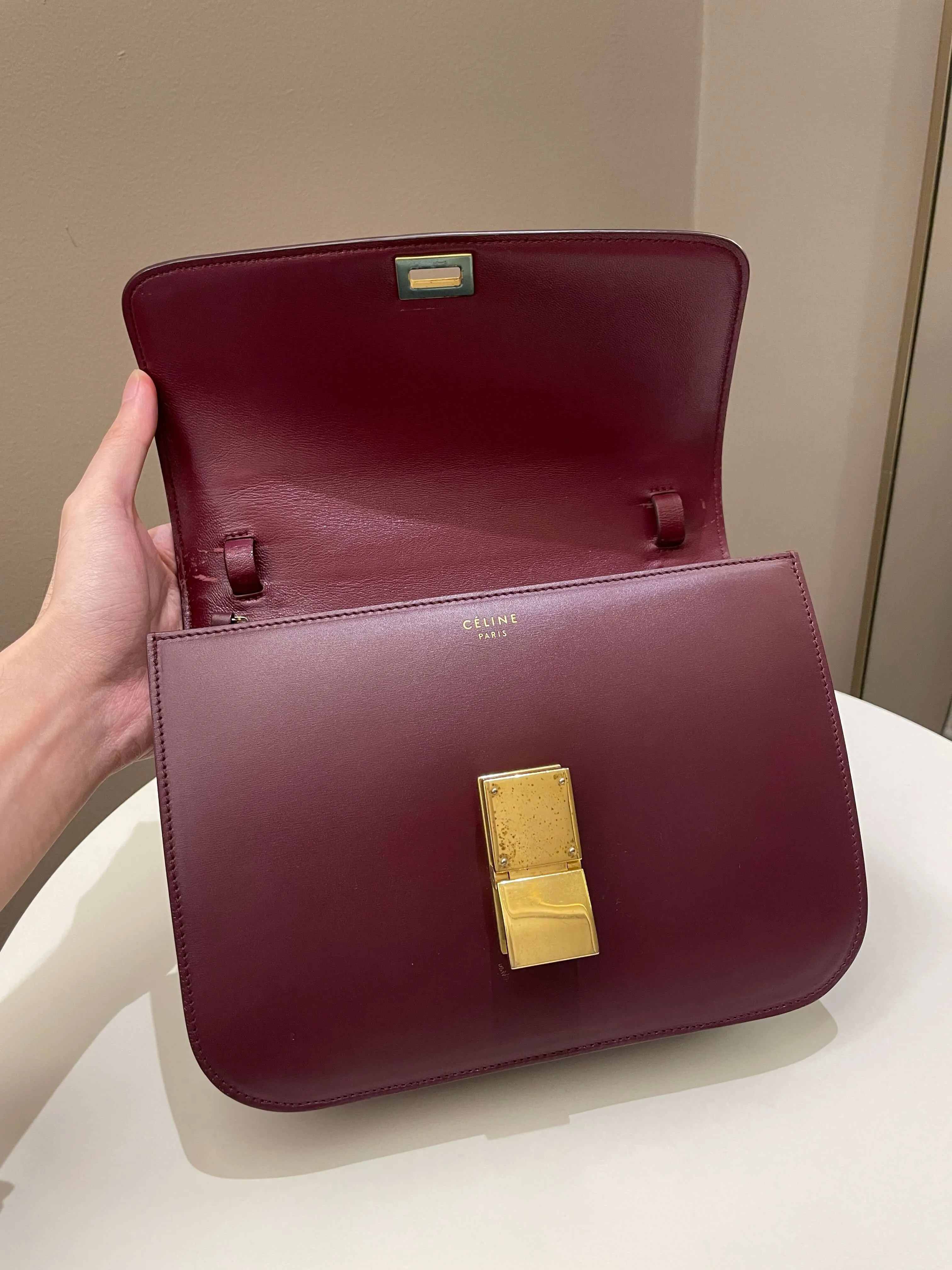 Celine Box Bag Burgundy Calfskin