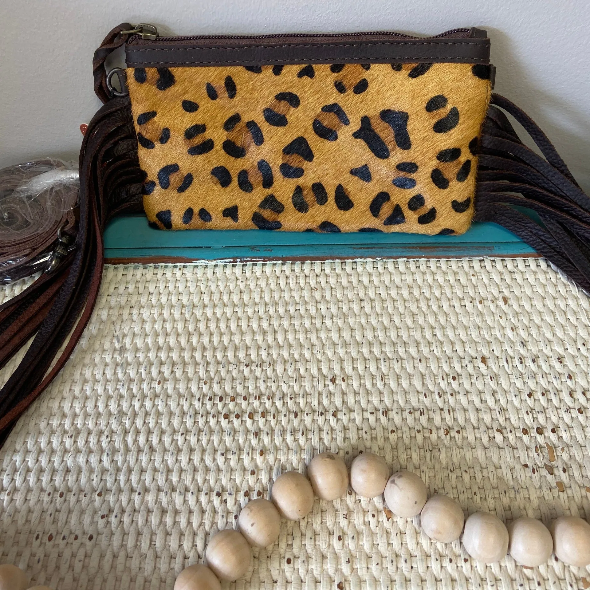 Cheetah-Print Fringe Clutch/Crossbody Handbag