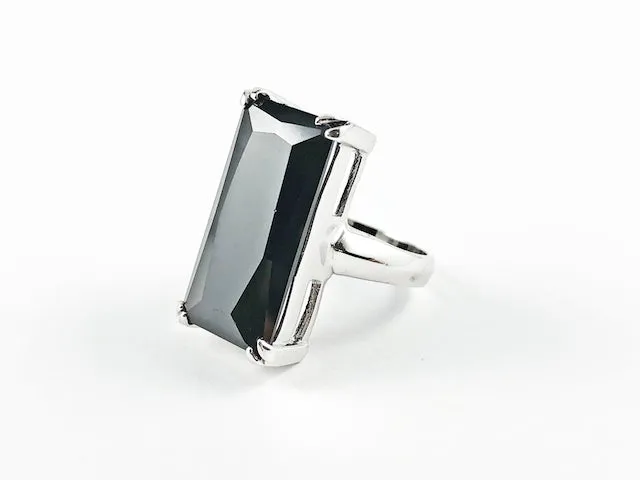 Classic Elegant Black Radiant Cut Rectangular Shaped Silver Ring
