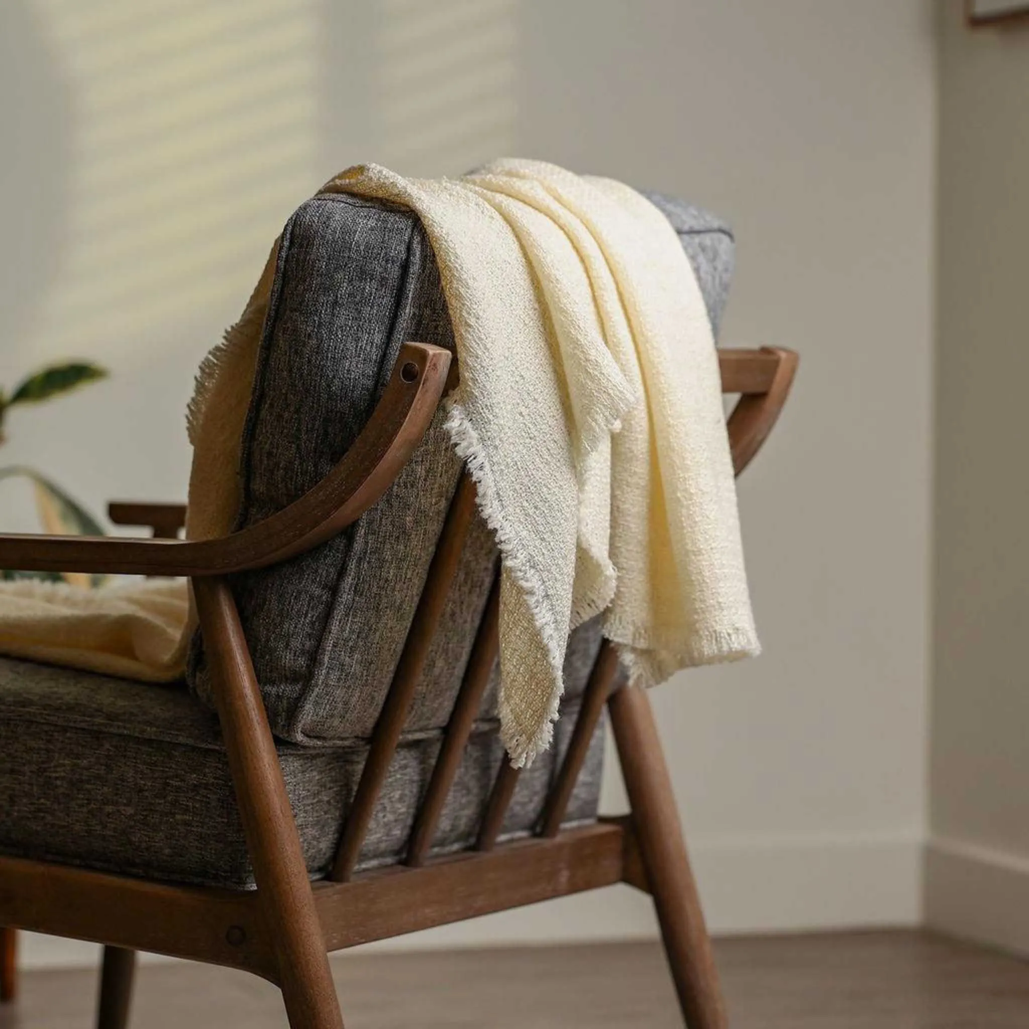 Cream Woolen Tweed Throw Blanket 57" x 70"  1" Fringe