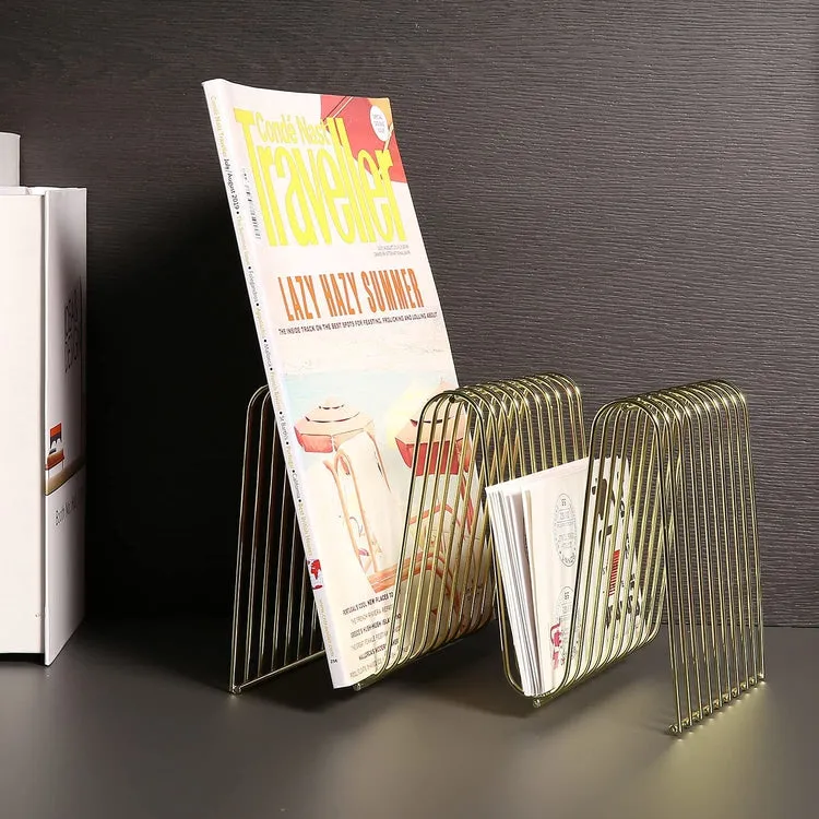 Desktop Brass Tone Metal Wire Arched Magazine Holder Rack