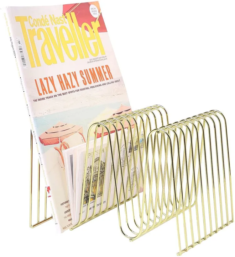 Desktop Brass Tone Metal Wire Arched Magazine Holder Rack