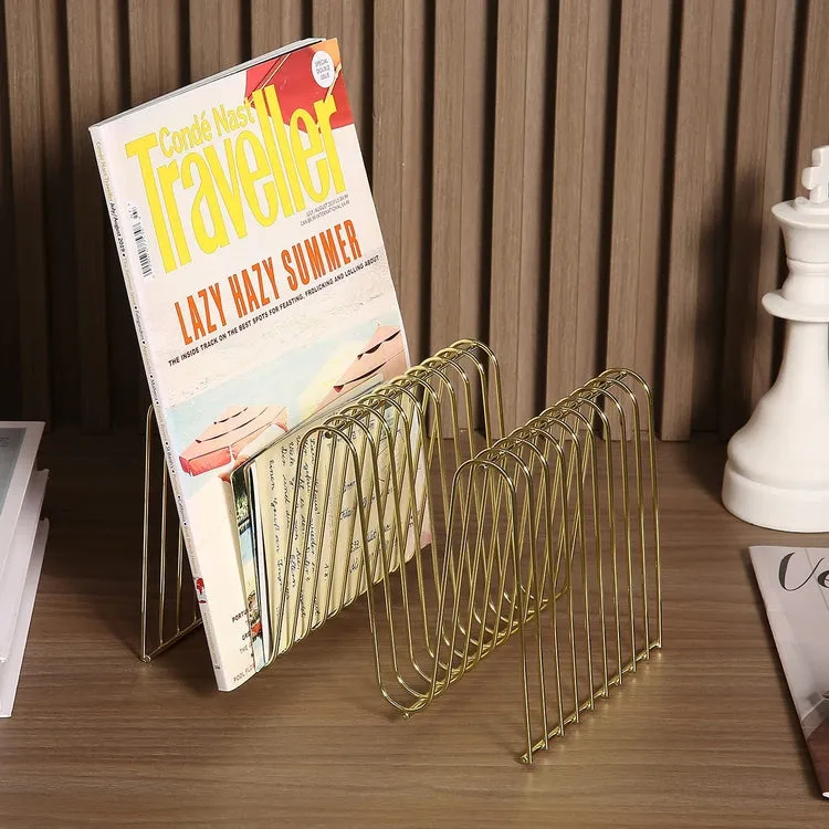 Desktop Brass Tone Metal Wire Arched Magazine Holder Rack