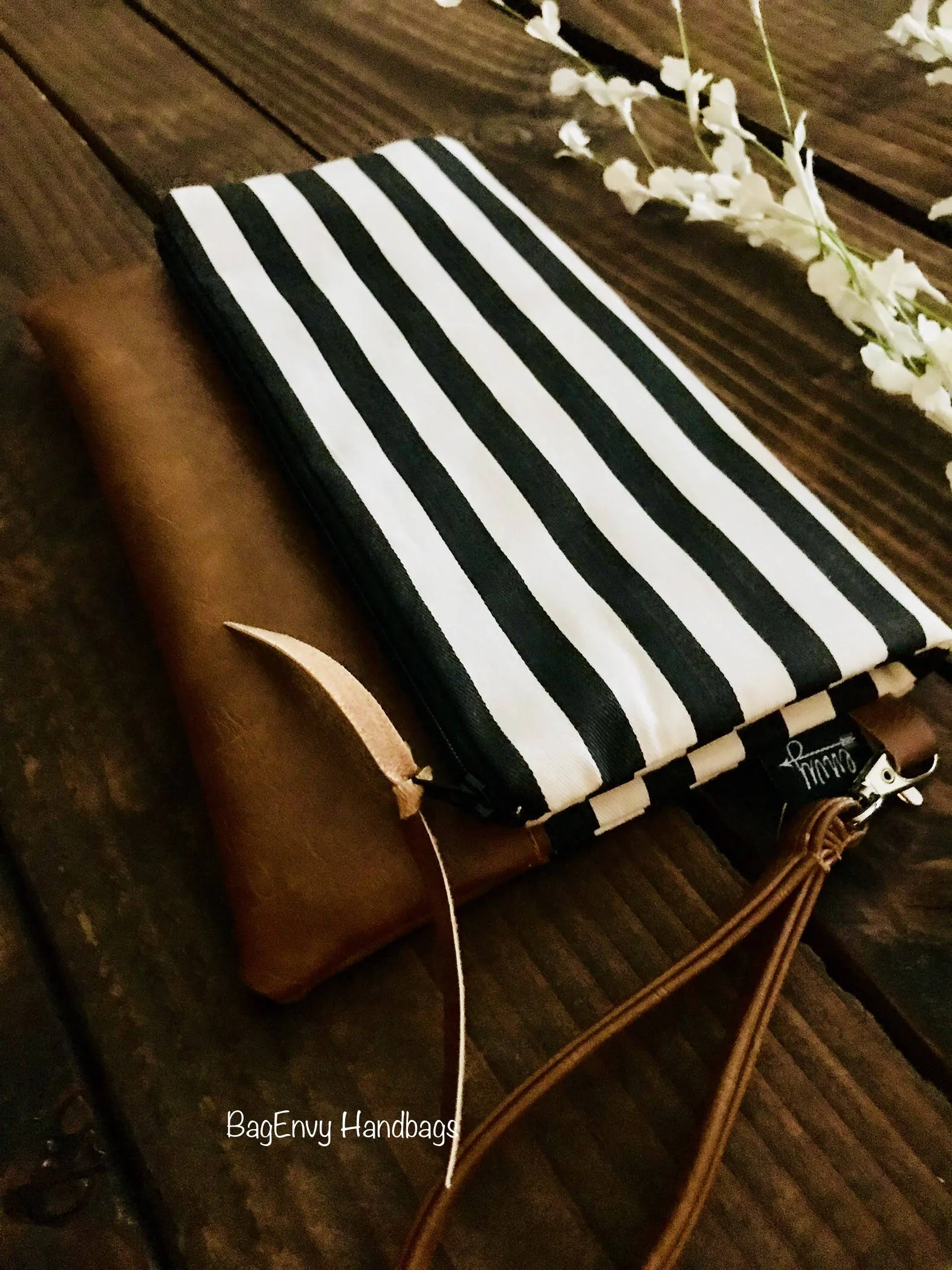Fold Over Clutch - Skinny Black Stripe with Vegan Leather - Detachable Wristlet
