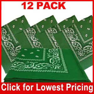 Green Bandana - 100% Cotton - Paisley Bandana - 12 Pack