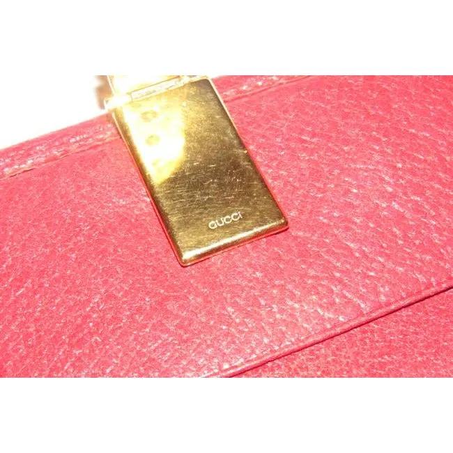 Gucci Red Textured Leather With Gold Belt Buckle Hinged Clasp Early Wallet