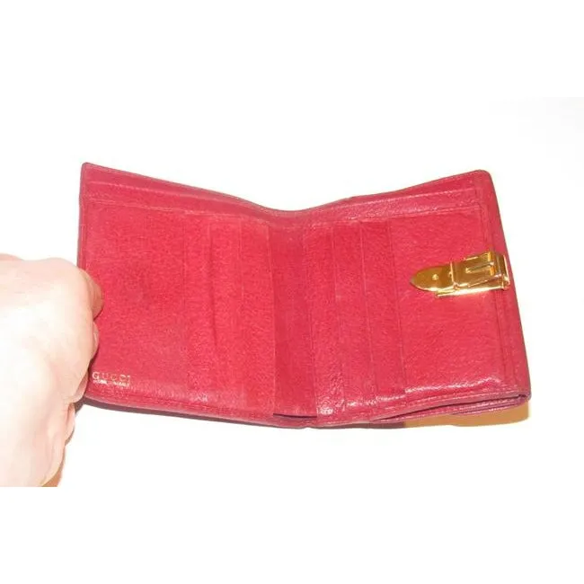 Gucci Red Textured Leather With Gold Belt Buckle Hinged Clasp Early Wallet