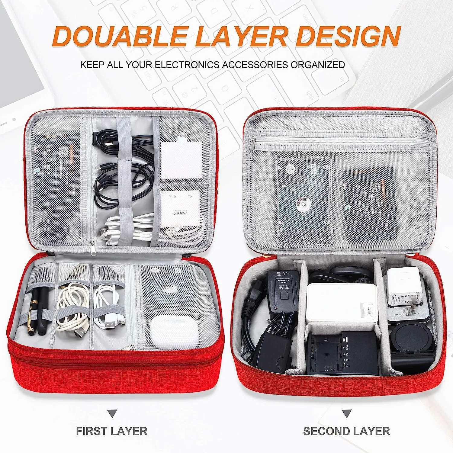 Homestic Travel Organizer For Electronic Accessories|Multipurpose Pouch|Adapter, Cable, Gadget Organizer|Three Comparment With Zipper (Red)