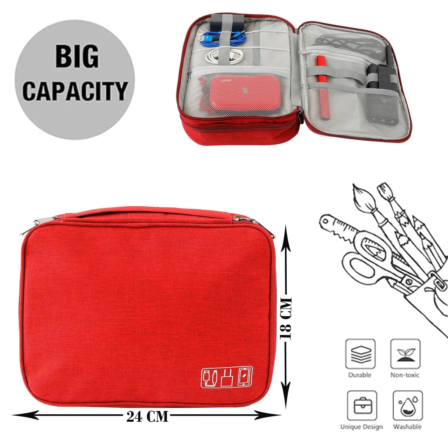 Homestic Travel Organizer For Electronic Accessories|Multipurpose Pouch|Adapter, Cable, Gadget Organizer|Three Comparment With Zipper (Red)