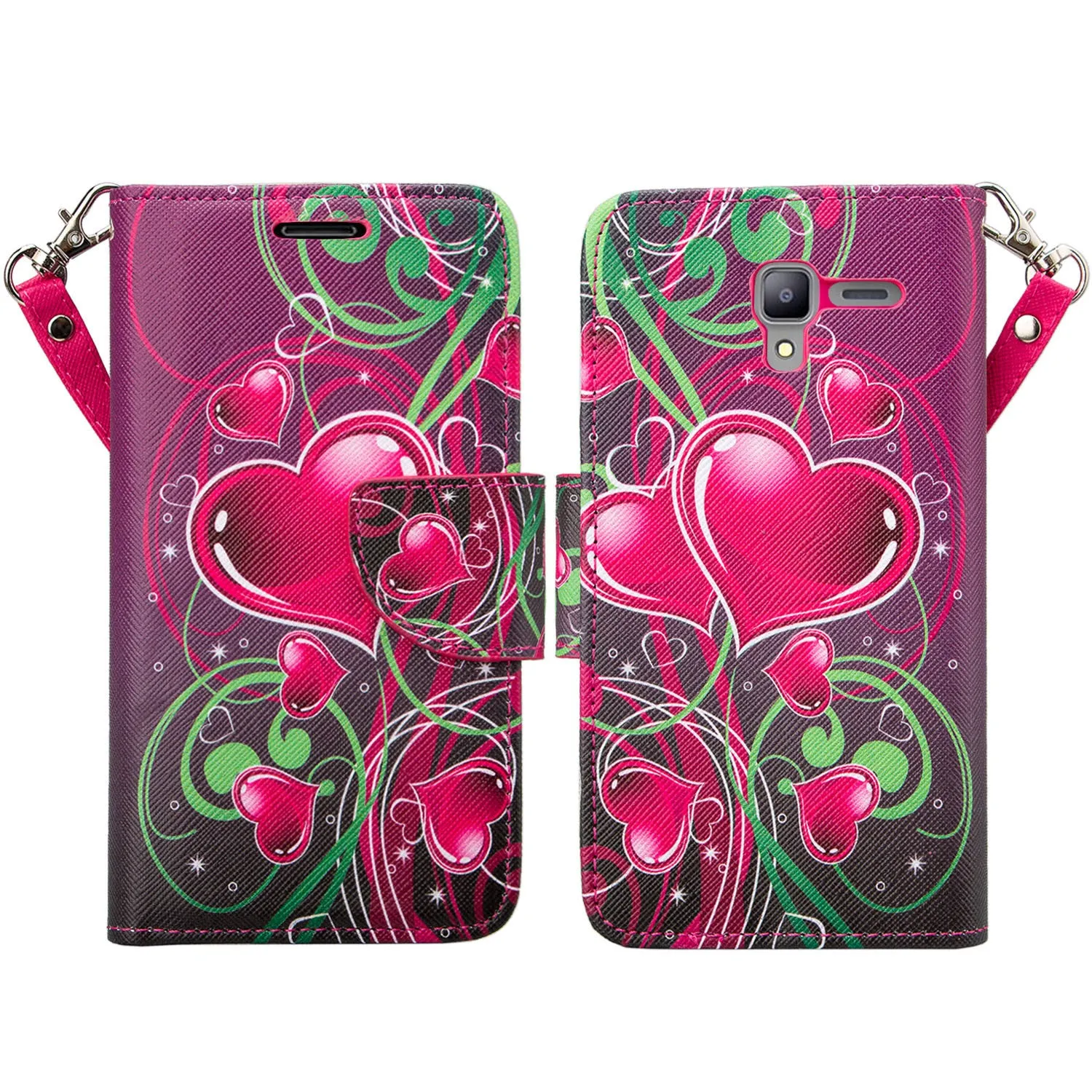 Kyocera Hydro View Wallet Case, Wrist Strap Pu Leather Magnetic Flip Fold[Kickstand] with ID & Card Slots for Kyocera Hydro View - Heart Strings