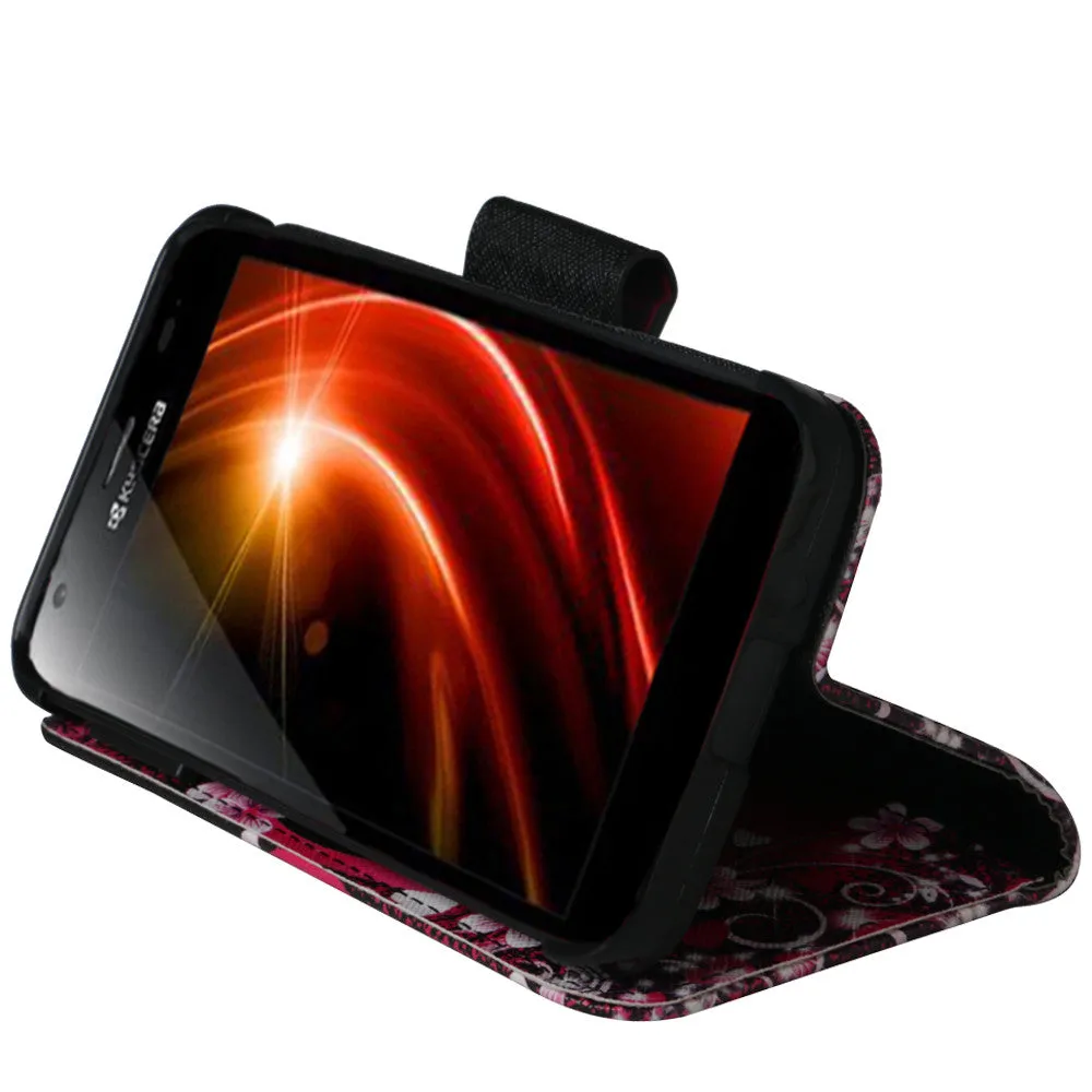 Kyocera Hydro Wave | C6740 Case, Wrist Strap Magnetic Flip Fold[Kickstand] Pu Leather Wallet Case with ID & Card Slots - Heart Butterflies