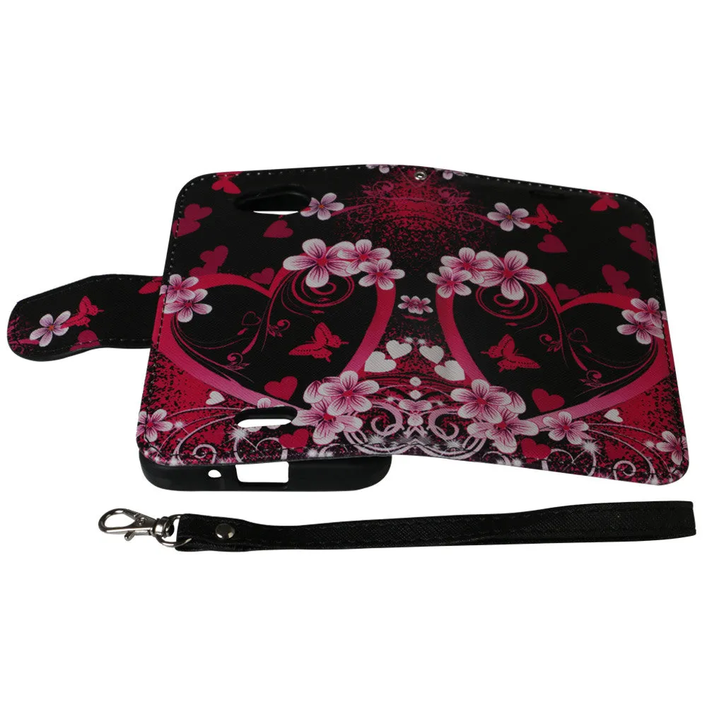 Kyocera Hydro Wave | C6740 Case, Wrist Strap Magnetic Flip Fold[Kickstand] Pu Leather Wallet Case with ID & Card Slots - Heart Butterflies