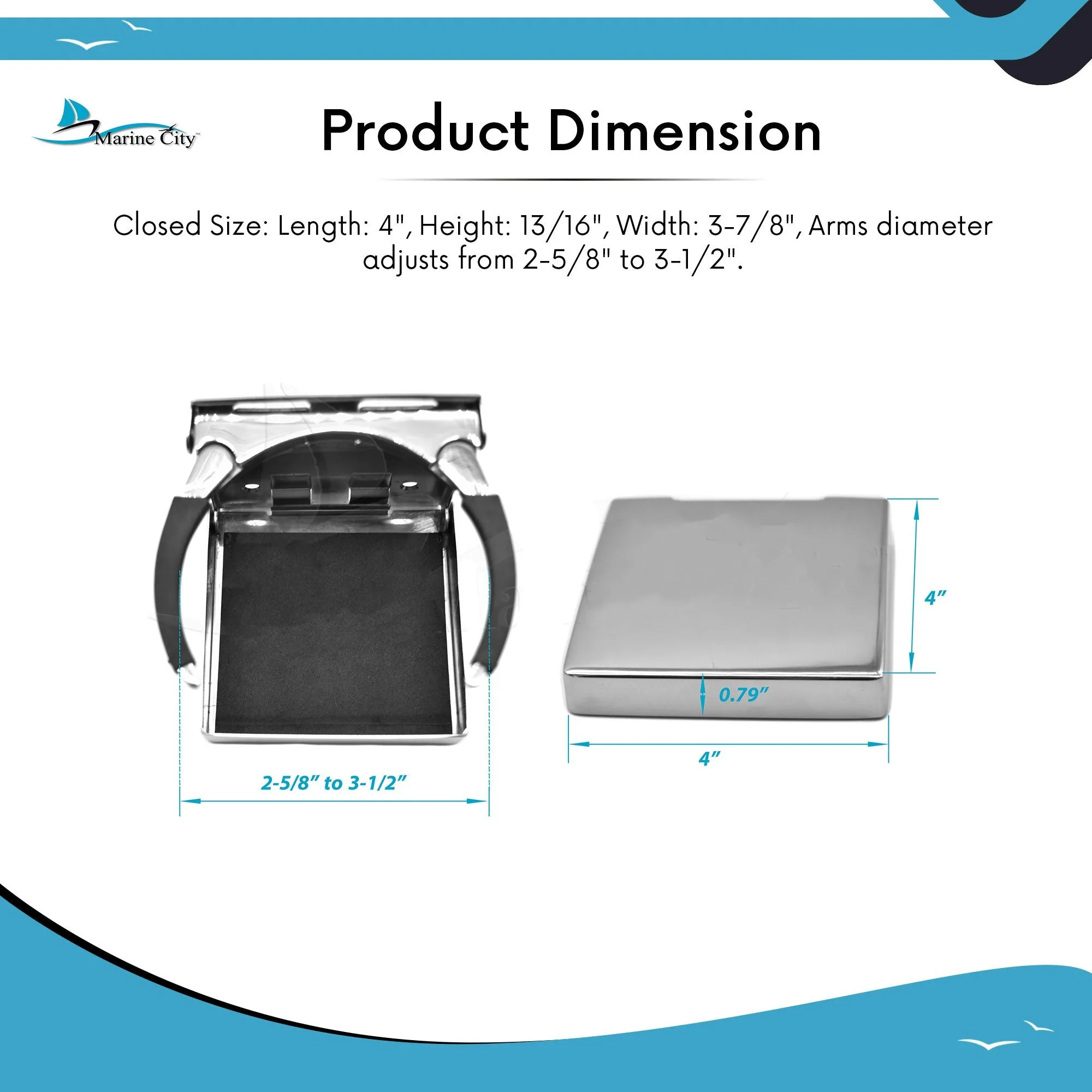 Marine City Stainless-Steel Adjustable Arms Folding Drink Cup Holder (2-5/8" to 3-1/2")