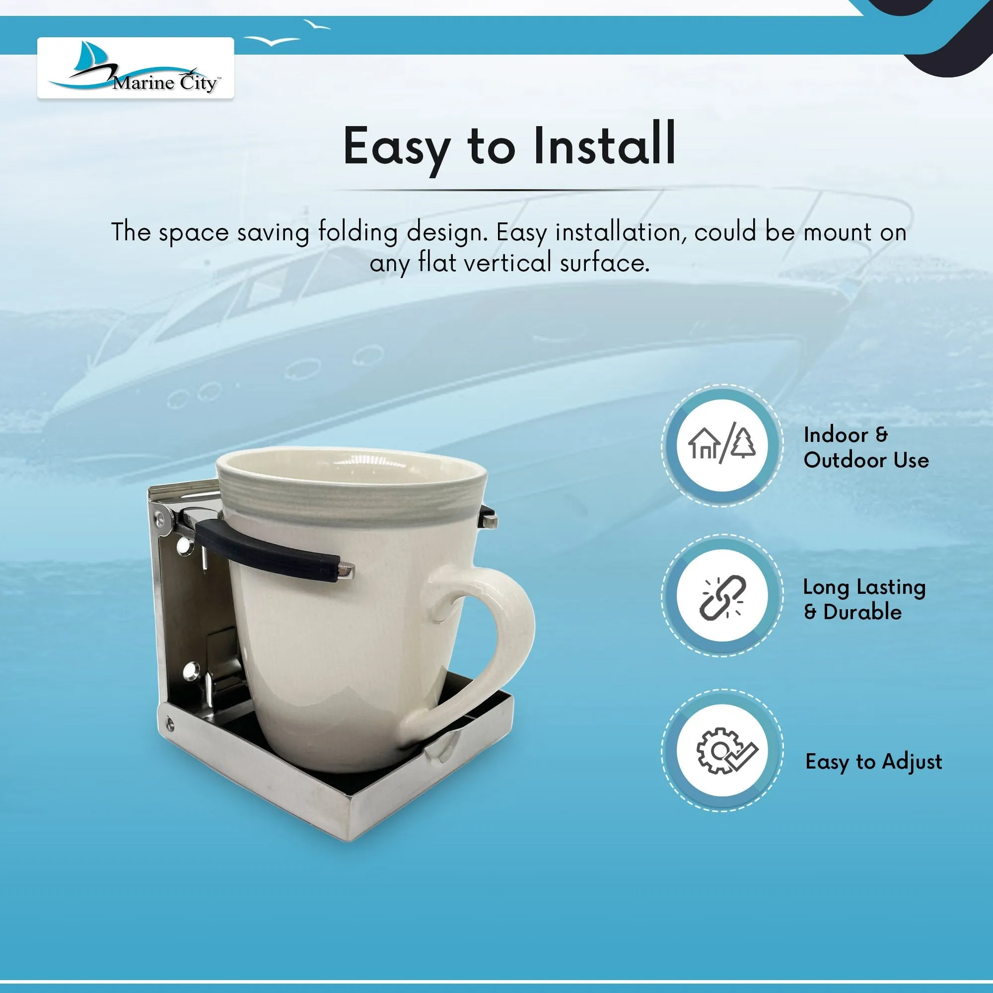 Marine City Stainless-Steel Adjustable Arms Folding Drink Cup Holder (2-5/8" to 3-1/2")
