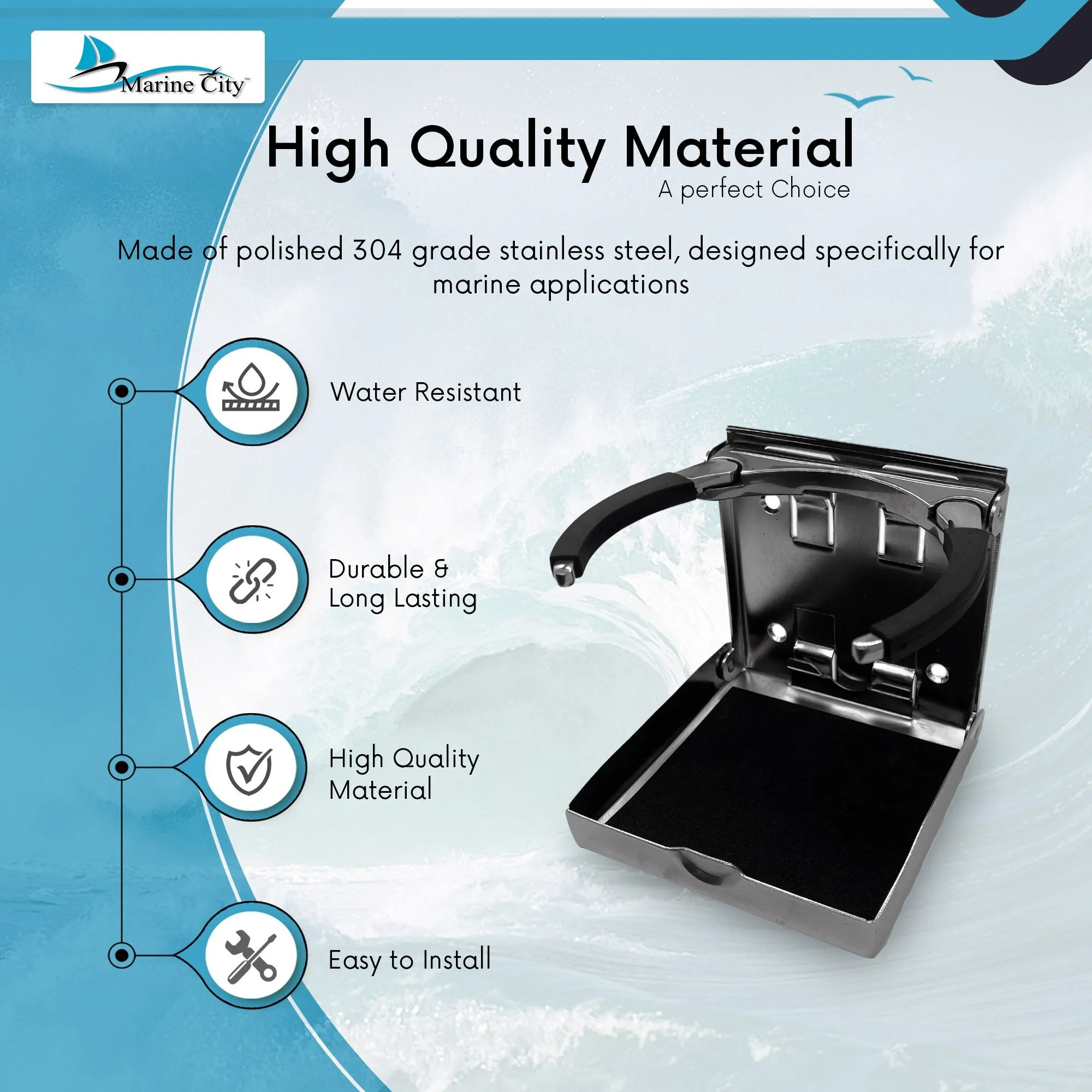 Marine City Stainless-Steel Adjustable Arms Folding Drink Cup Holder (2-5/8" to 3-1/2")