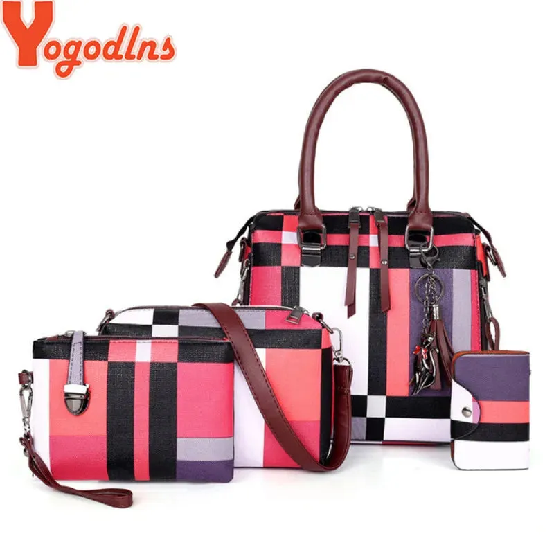 Modern Plaid Handbag Set with Tassel Accents