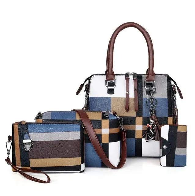 Modern Plaid Handbag Set with Tassel Accents