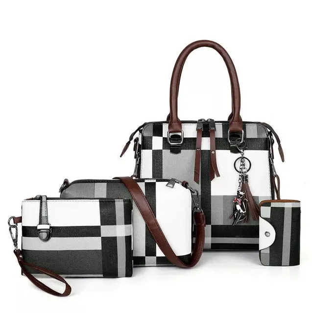 Modern Plaid Handbag Set with Tassel Accents
